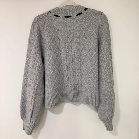 WAYF Cable Knit Cardigan Women XL Grey Pearl Button Bow Accent | Coquette - Picture 3 of 8